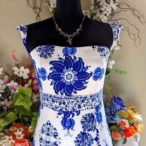 100% cotton blue/white floral print maxi dress, size small.